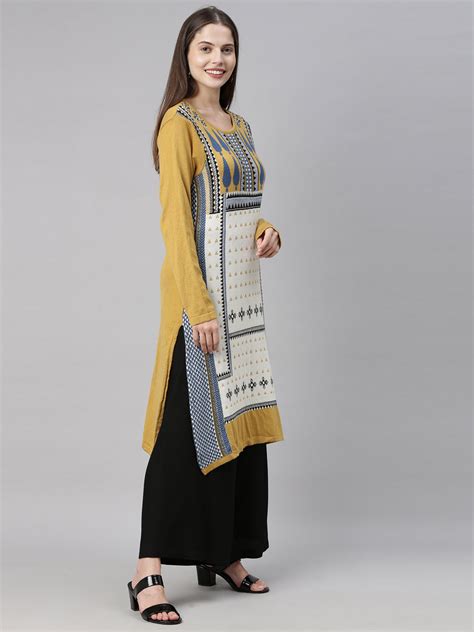 Neerus Women Mustard Yellow Off White Geometric Printed Acrylic Knitte ...