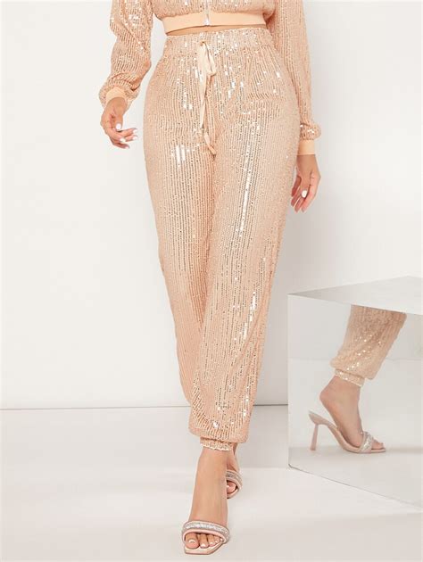 SHEIN BAE Drawstring Waist Sequin Pants | SHEIN USA