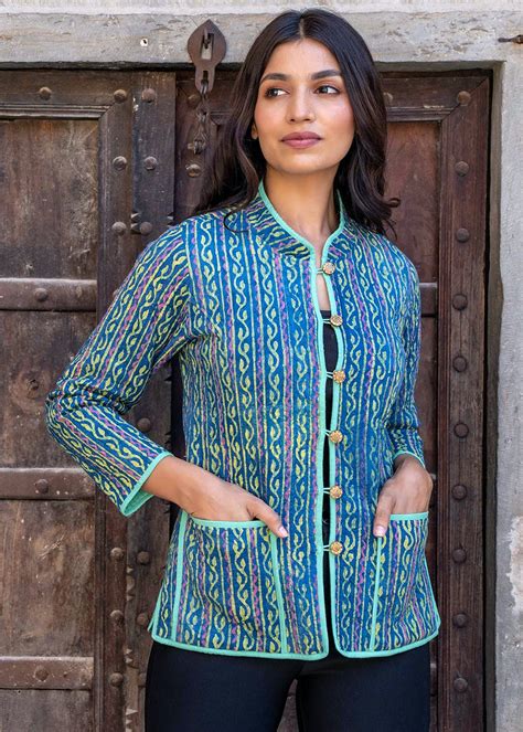 Get Blue and Green Stripe Kalamakari Block Printed Reversible Jacket at ...