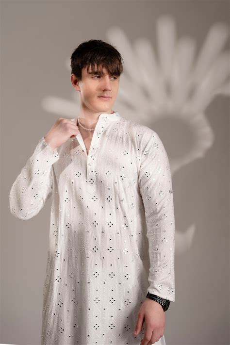 White Chikankari Mirror Work Cotton Kurta for Men | Firangi Yarn