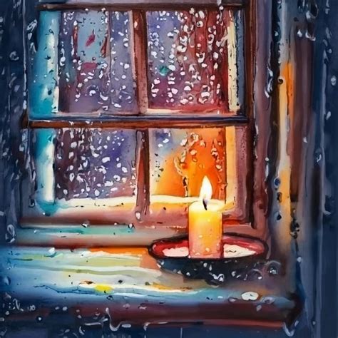 Watercolor painting of rain on wood frame window with candlelight on Craiyon