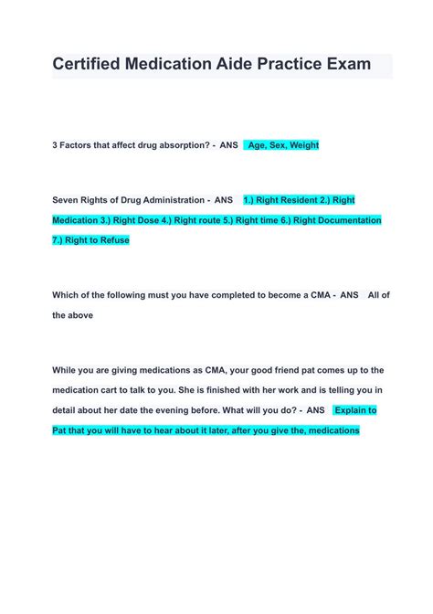 Certified Medication Aide Practice Exam Questions and Answers 2023 ( A+ ...