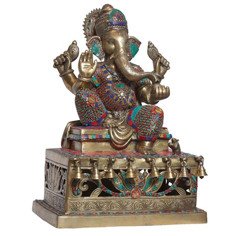Lord Ganesha color stone sitting on bell stagec Idol made of Pure Bras
