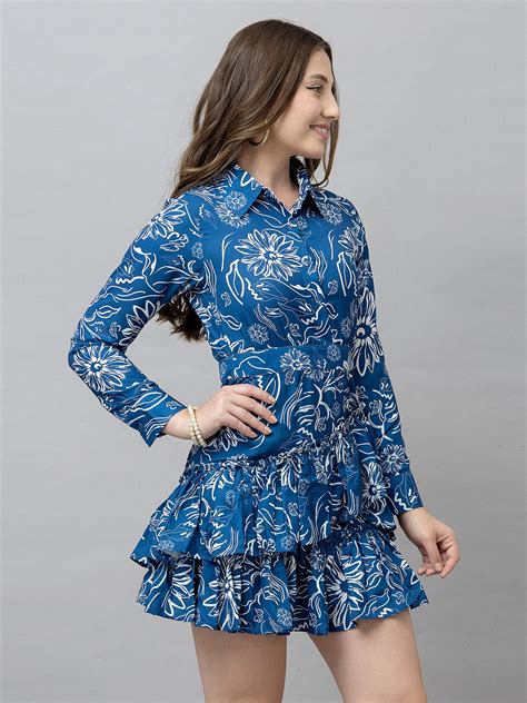 Hestia Blue Floral Print Shirt Dress – Hauteque