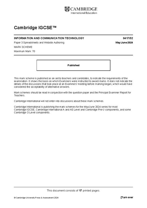 0417 s24 ms 32 - Mark Scheme for ICT Paper 3 Spreadsheets 2024 - Studocu