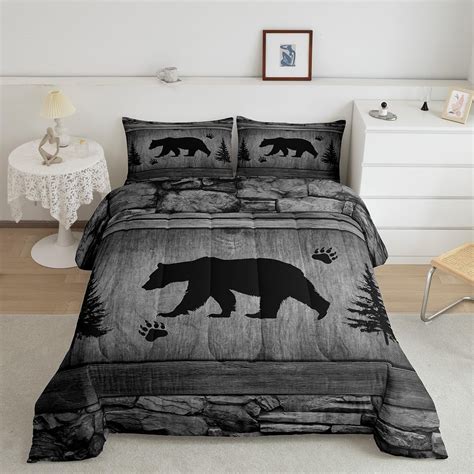 Rustic Bear Comforter Set Queen Size,Black Trees Deer Paw Print Down ...