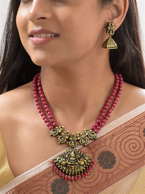 Handcrafted Terracotta Lakshmi Design Choker Set with Dual-Strand Red ...