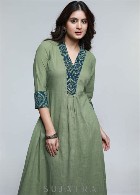 Pista Colour Cotton A-Line Kurta with Ajrakh Combination-Pant Optional ...