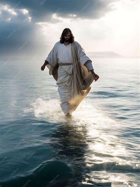 Jesus Christ walking on water on the sea of Galilee generative ai ...