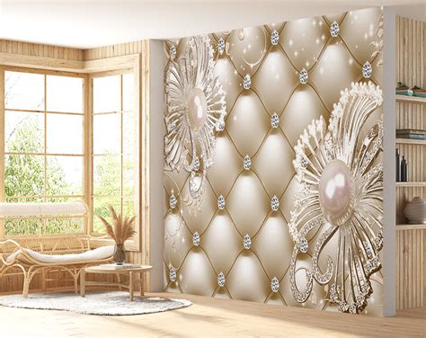 European Style 3D Diamond Flower Jewelry Murals Living Room Wallpaper ...