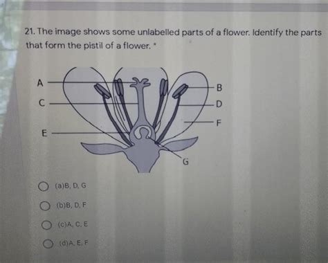 21. The image shows some unlabelled parts of a flower. Identify the ...