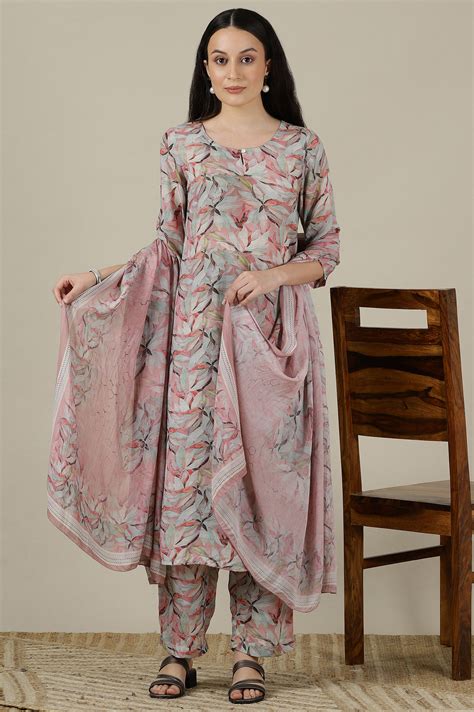 Buy Pink Floral Printed Muslin Straight Kurta, Palazzo and Dupatta Set ...