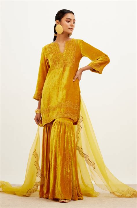 Devnaagri - Mustard Zari Embroidered Velvet Sharara Set