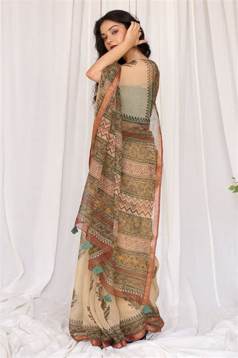 Navika : Ivory Kota Doria Saree with Bagru Handblock Mughal Motifs ...