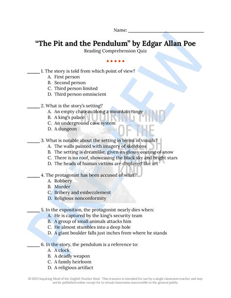 "The Pit and the Pendulum" by Edgar Allan Poe Quiz and Answer Key ...