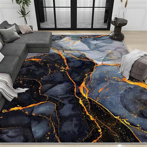 Black Gold Marble Area Rug Modern Abstract Floor Mats Grey Washable ...