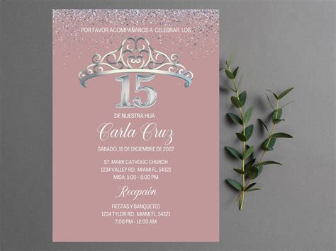 15th Birthday Spanish Invitation, Invitación Rosa Corona Cumpleaños ...