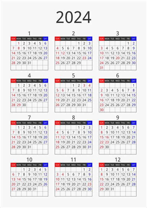 2024年 年間カレンダー フォーマル 縦向き | パソコンカレンダーサイト