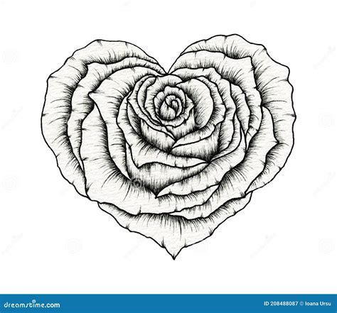 Valentine Rose Heart Line Art Drawing, Floral Rose Heart Ink Sketch ...