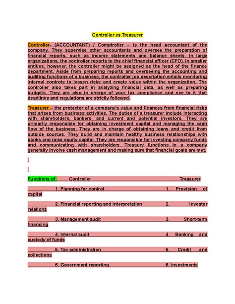 Controler-VS.- Treasurer - Controller vs Treasurer Controller- (ACCOUNTANT) / Comptroller – is ...