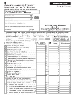 Oklahoma Amended Resident Individual Income Tax Return Form 511X ...