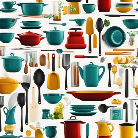 Colorful kitchen utensils and cookware arranged on a white background ...