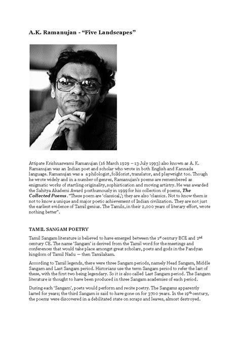 A.K. Ramanujan's "Five Landscapes": An Analysis of Tamil Poetry - Studocu