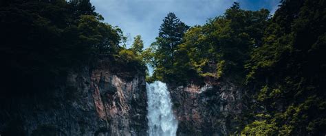 Download wallpaper 2560x1080 waterfall, cliff, rocks, trees, moss ...