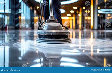 Professional Janitorial Staff Using an Industrial Floor Buffer Machine ...