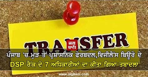 ਪੰਜਾਬ 'ਚ ਮੁੜ ਤੋਂ ਪ੍ਰਸ਼ਾਸਨਿਕ ਫੇਰਬਦਲ, ਵਿਜੀਲੈਂਸ ਬਿਊਰੋ ਦੇ DSP ਰੈਂਕ ਦੇ 7 ...