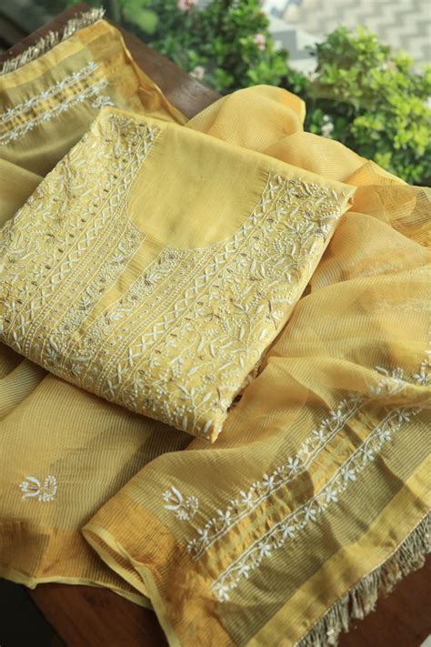 Yellow Paper Tussar Resham Chikankari Unstitched Kurta Dupatta Set ...