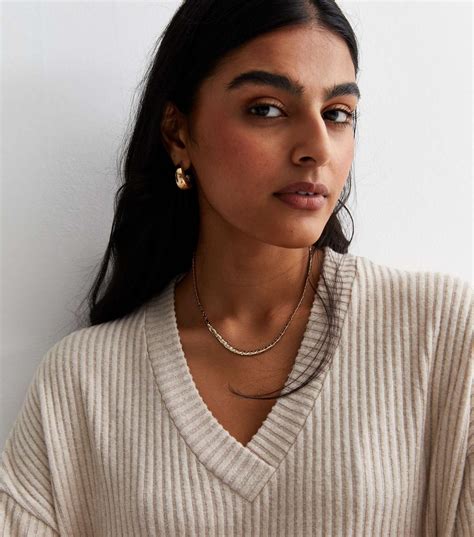 Stone Ribbed Knit V Neck Midi Dress | New Look