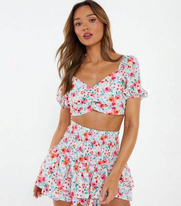 QUIZ Multicoloured Ditsy Floral Frill Sleeve Crop Top | New Look