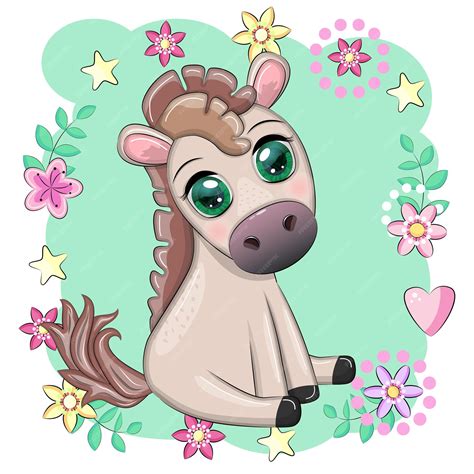 Leuke cartoon paard pony voor kaart met bloemen ballonnen hart ...