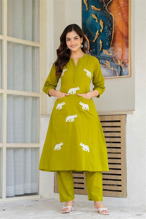 Green Embroidered Cotton Co-Ord Set