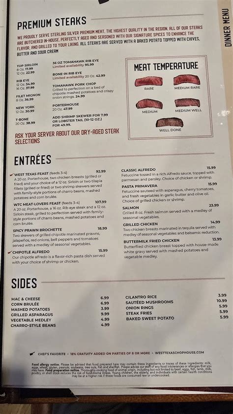 Menu at West Texas Chophouse steakhouse, El Paso