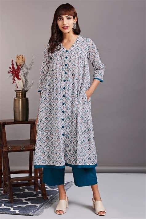 v-neck gather dress - rivulet teal & alluring mughal garden - maati crafts