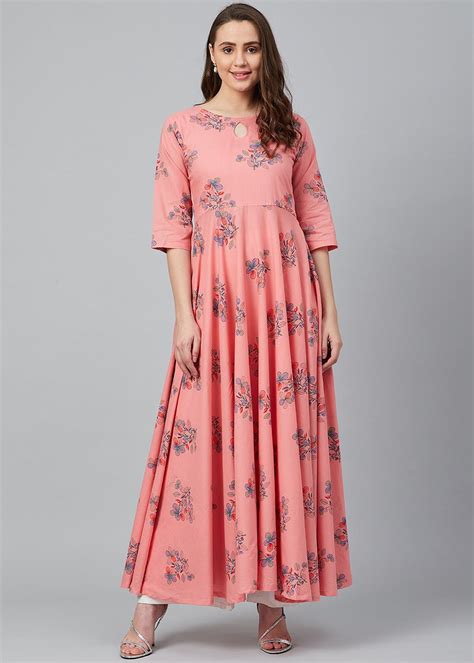 Get Keyhole Neck Detail Pink Floral Printed Flared Kurta at ₹ 1699 ...