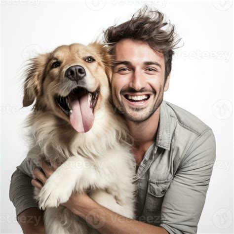 Happy man hugging his dog on white background. Generative AI 29214603 ...