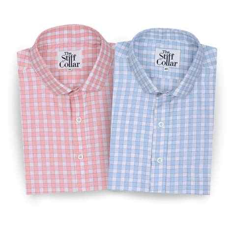 Pink and Blue Outlined Gingham Check 2 Ply Giza Cotton Shirt Combo Pac ...