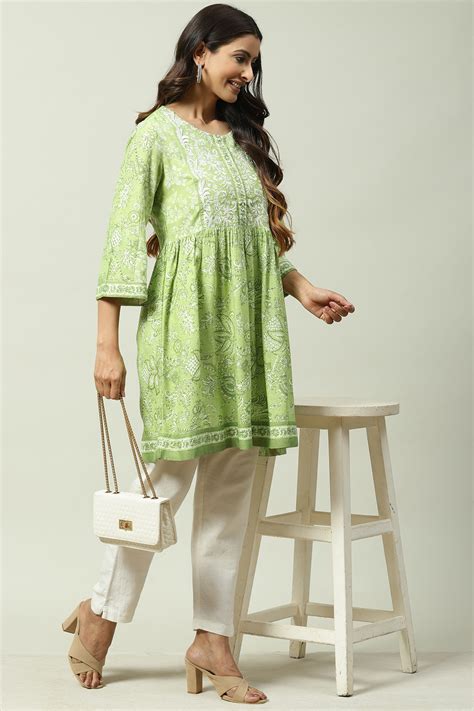 Green Cotton Flared Printed Kurti at Biba India