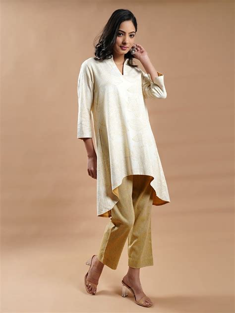 Buy Ivory Hand Block Printed Cotton Linen Tunic | CyanB26/CYIN9 | The loom