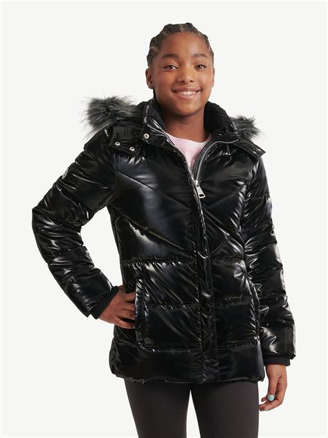 Justice Girls Midweight Puffer Jacket with Faux Fur Hood, Sizes 5-18 ...