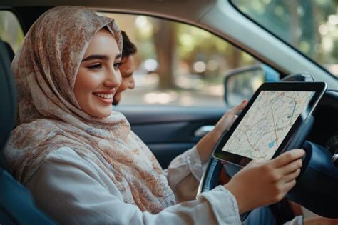 Muslim woman in hijab guides husband using digital map | Premium AI ...