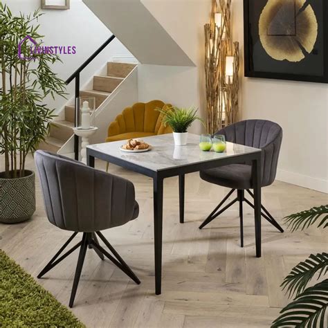Bronislava Modern 2 Person Dining Set - Grey Ceramic Table - Swivel Di ...