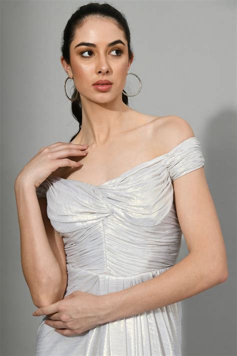 Silver Lycra Off-Shoulder Cocktail Gown By Sunanta Madaan – Sunanta ...