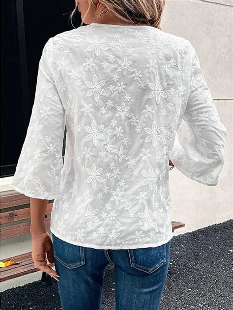 Women's Boho Shirt Dressy Tops Embroidered Solid Color Floral Casual ...