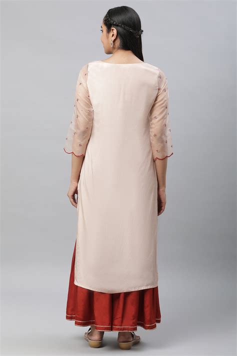 Buy Peach Paisley Print Sequined Straight Organza Kurta Online for ...