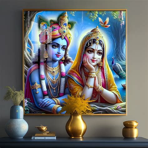 Radha Krishna In Vatika Premium Acrylic Square Wall Art - The Next Decor