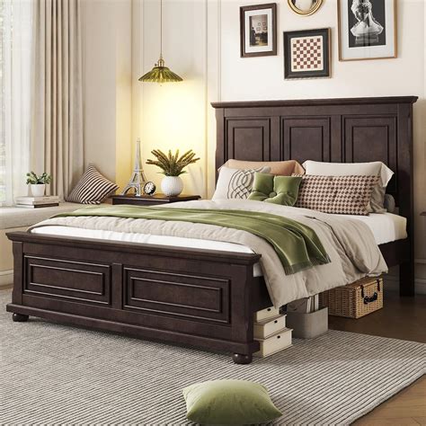 Amazon.com: Wood King Bed Frame with Tall Headboard and Footboard ...